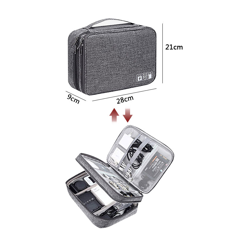 Tech and cable travel organizer by Solenne, with devices organized