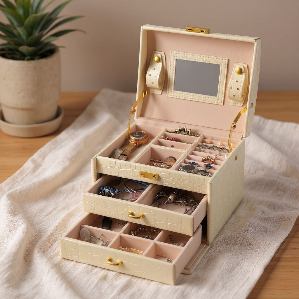 Solenne 3-Layer Lockable Travel Jewelry Organizer Box flatlay