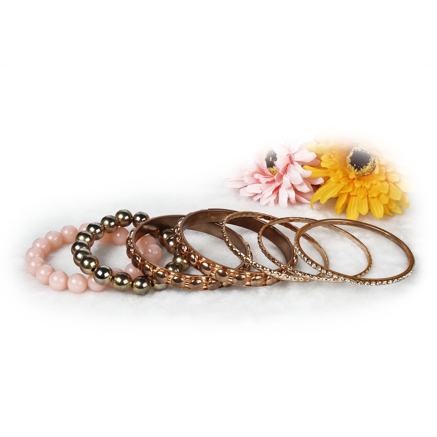Gold stacked bangle bracelet set, 7-piece, by Solenne, texture detail