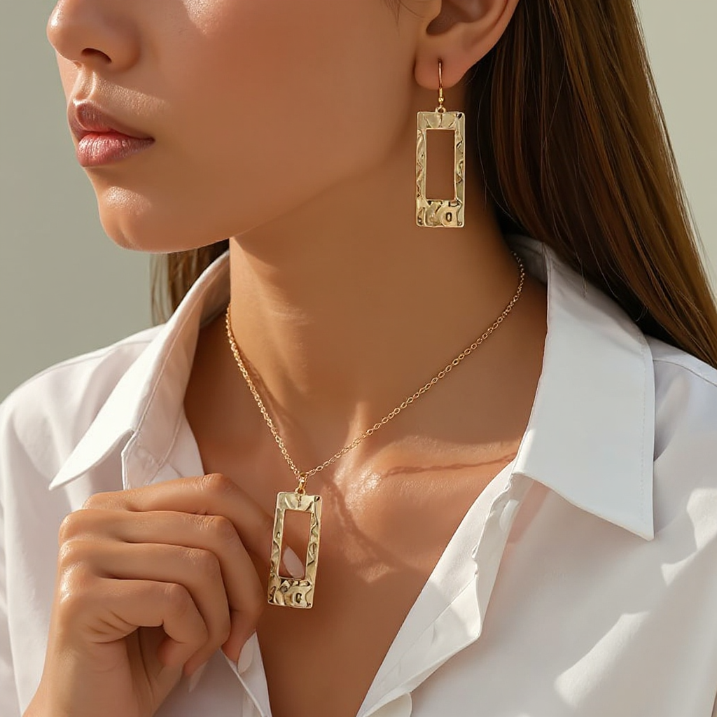 Solenne Gold Hammered Necklace Earrings Set - scale