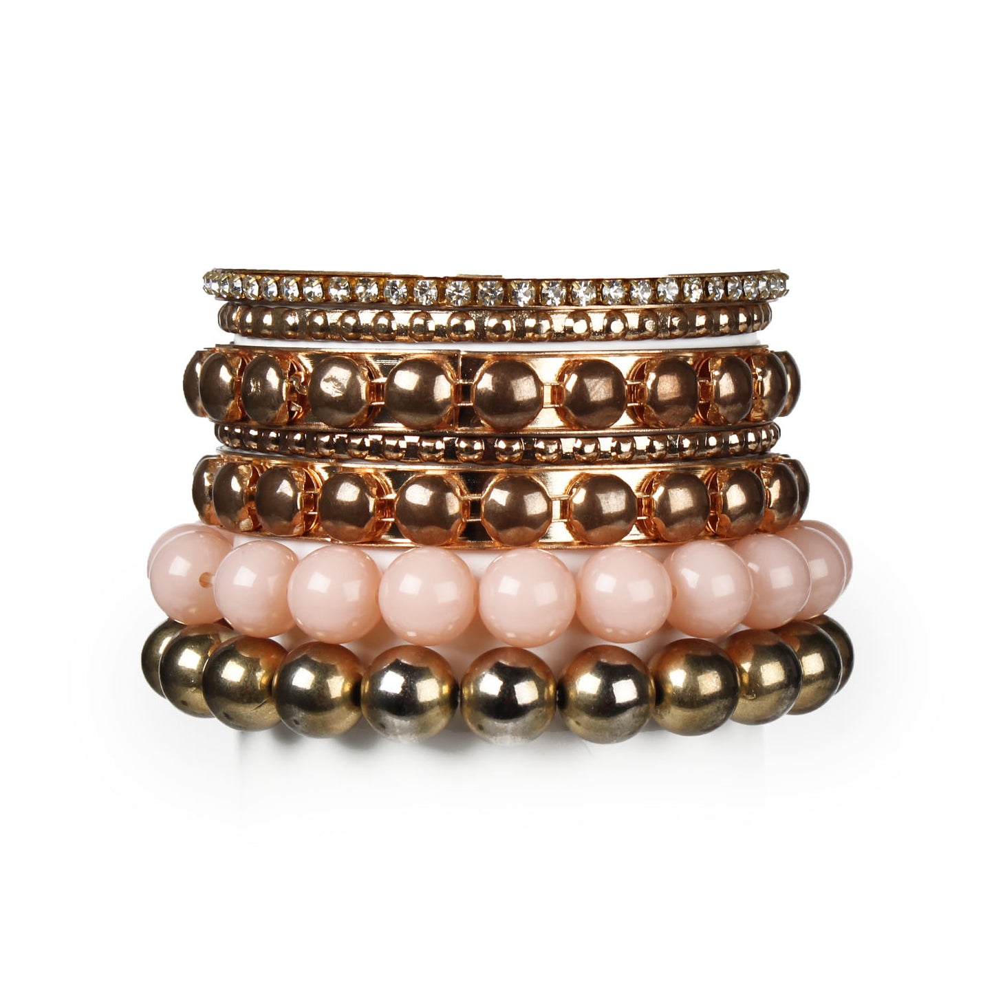 Gold stacked bangle bracelet set, 7-piece, by Solenne, side view