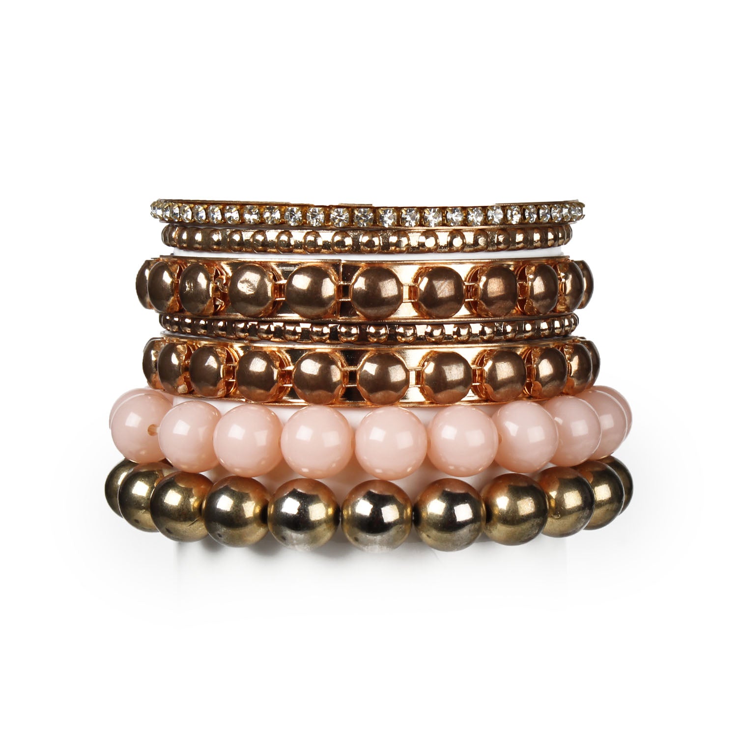 Gold stacked bangle bracelet set, 7-piece, by Solenne, side view