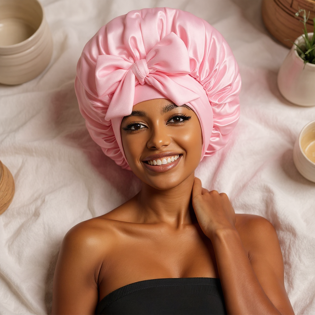 Solenne Satin Bow Sleep Bonnet - flatlay