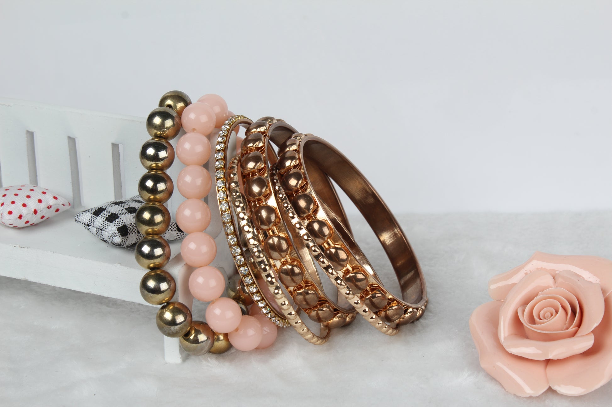 Gold stacked bangle bracelet set, 7-piece, by Solenne, alternate angle