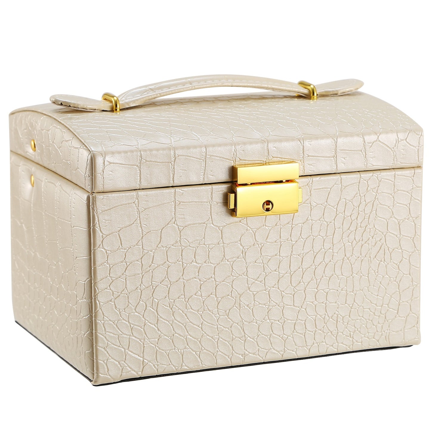 3-layer lockable travel jewelry organizer box by Solenne, open with compartments