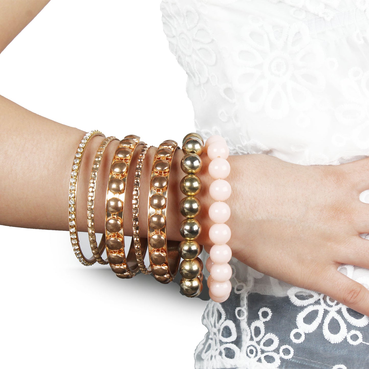 Gold stacked bangle bracelet set, 7-piece, by Solenne, detail