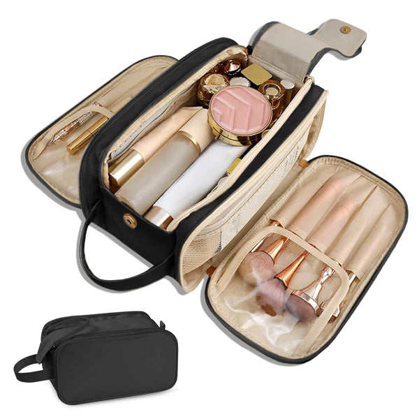 Flat-open travel toiletry organizer bag arranged with beauty and travel accessories.