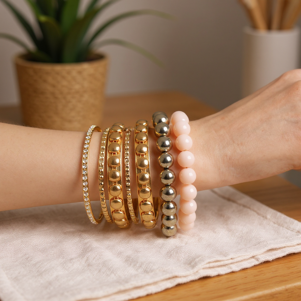 Solenne Gold Stacked Bangle Bracelet Set 7-Piece - lifestyle