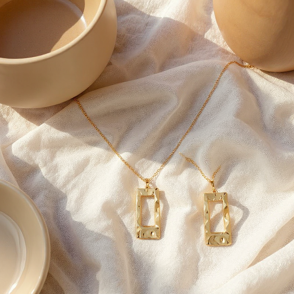 Solenne Gold Hammered Necklace Earrings Set - flatlay