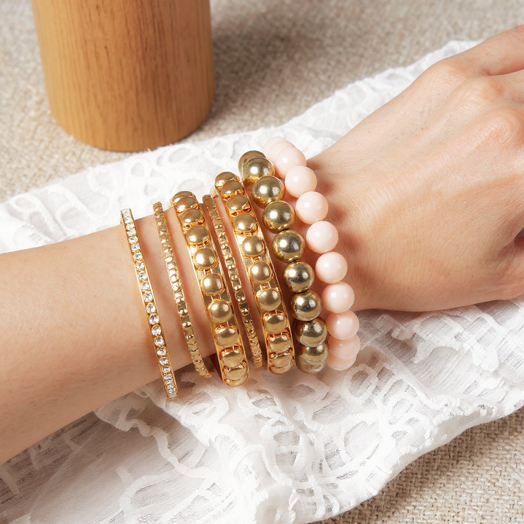 Solenne Gold Stacked Bangle Bracelet Set 7-Piece - flatlay
