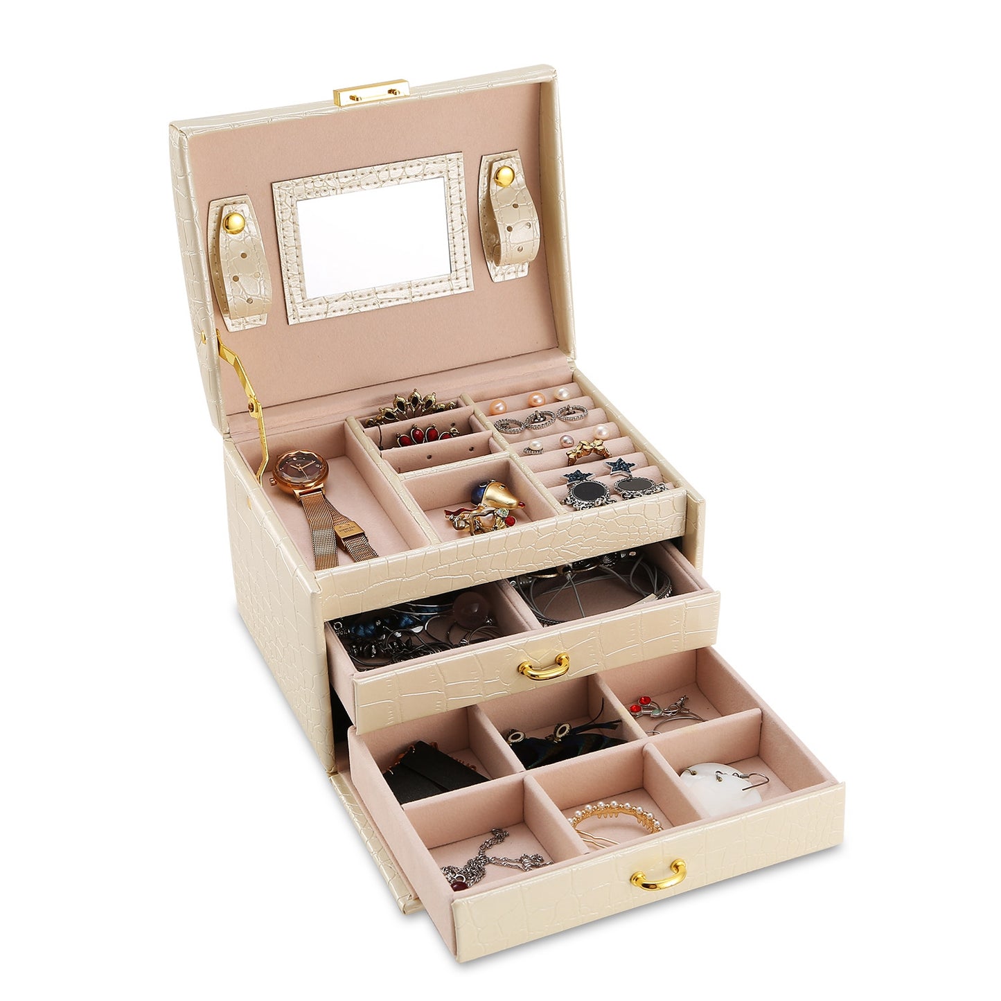 3-layer lockable travel jewelry organizer box by Solenne, detail