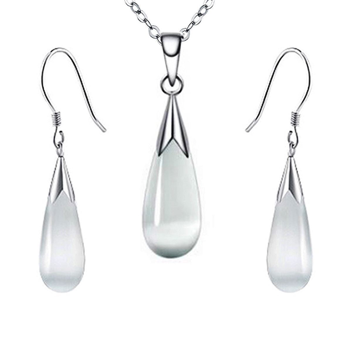 Moonstone teardrop pendant necklace and earrings set by Solenne, close-up