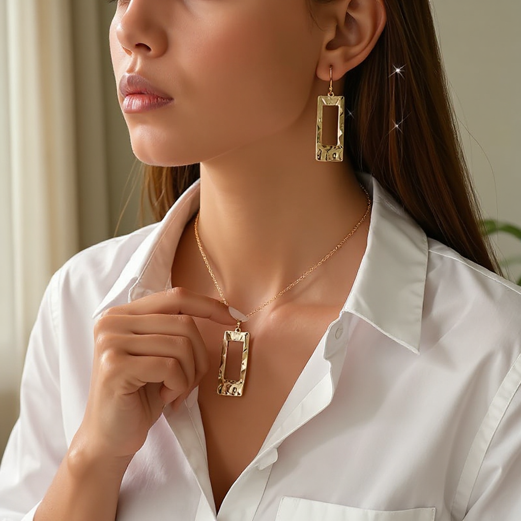 Solenne Gold Hammered Necklace Earrings Set - lifestyle