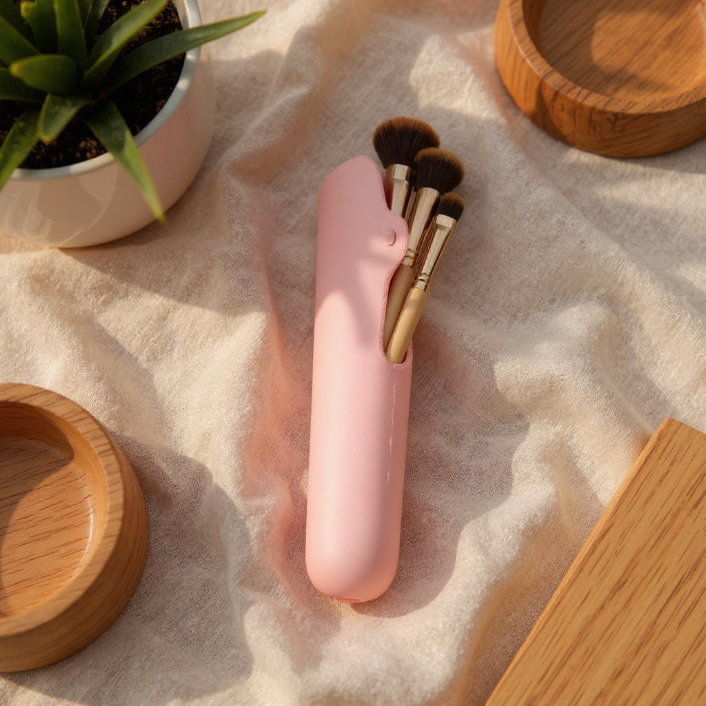 Solenne Travel Makeup Brush Sponge Holder Case - flatlay